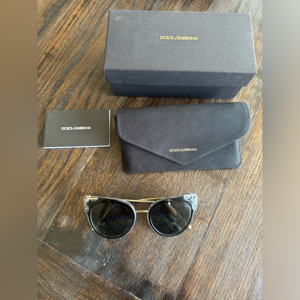 DOLCE & GABBANA DG4340 675/87 Top Black Crystal Gold Cat Eye Sunglasses